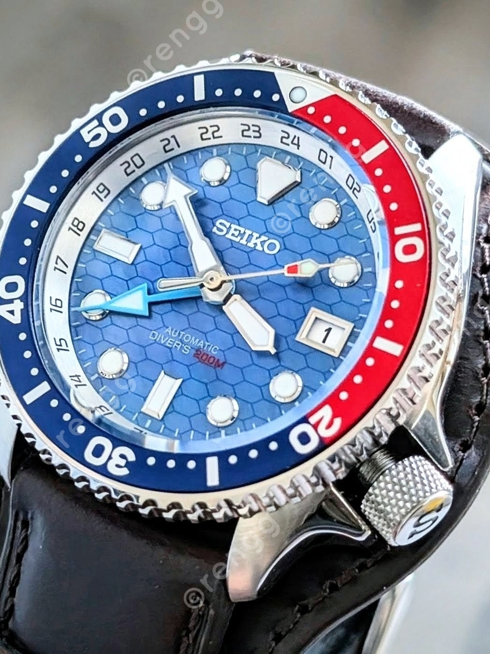 Seiko NH34A GMT Automatic Diver's Watch - Blue Dial with Red & Blue Bezel